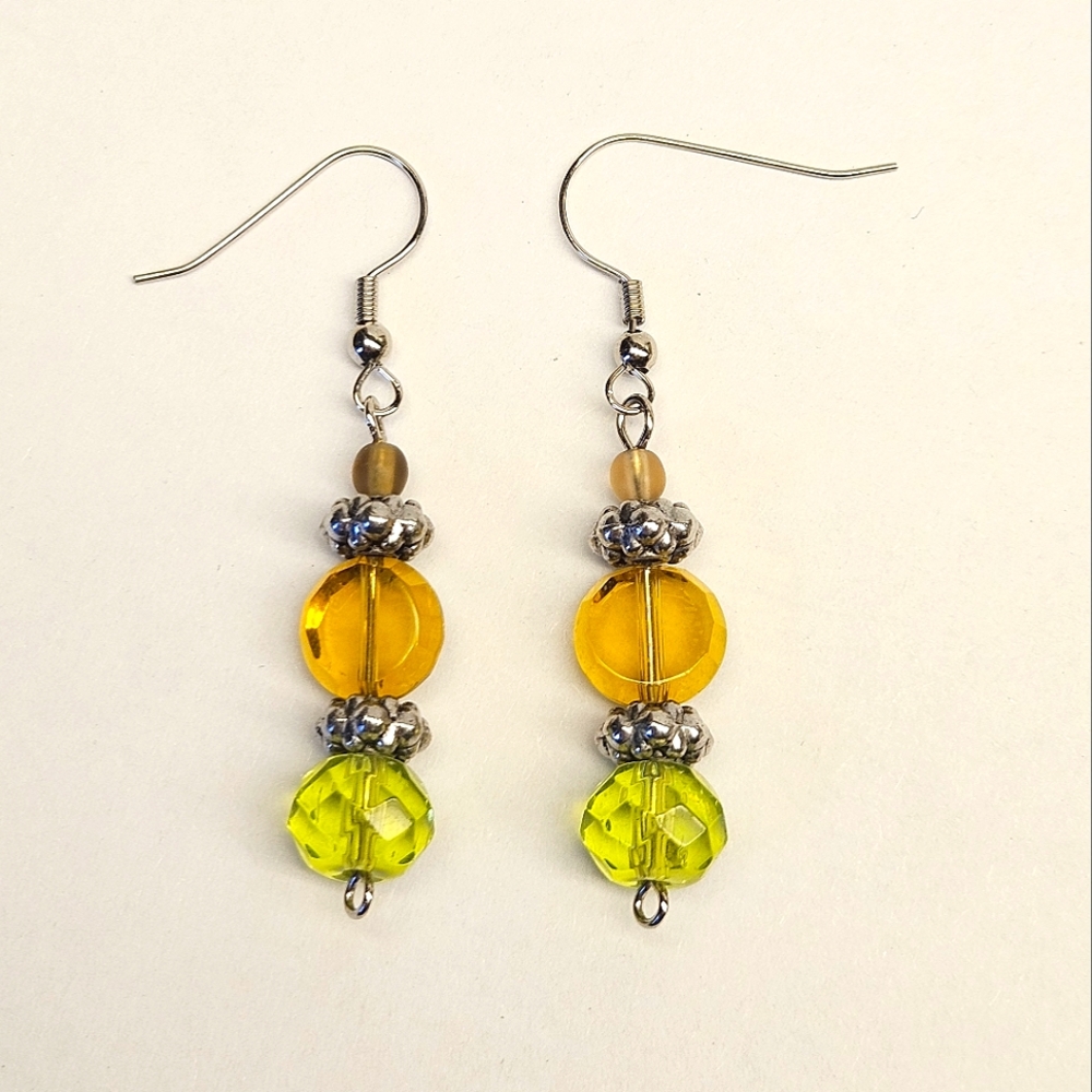 Green and Yellow Glass Beaded Dangle Earrings